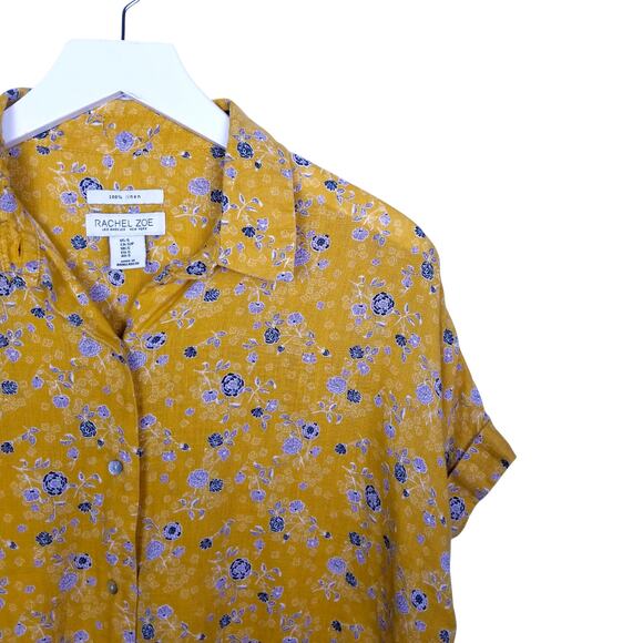 RACHEL ZOE 100% Linen Floral Yellow Shirt Short Sleeves - Small - Picture 2 of 6